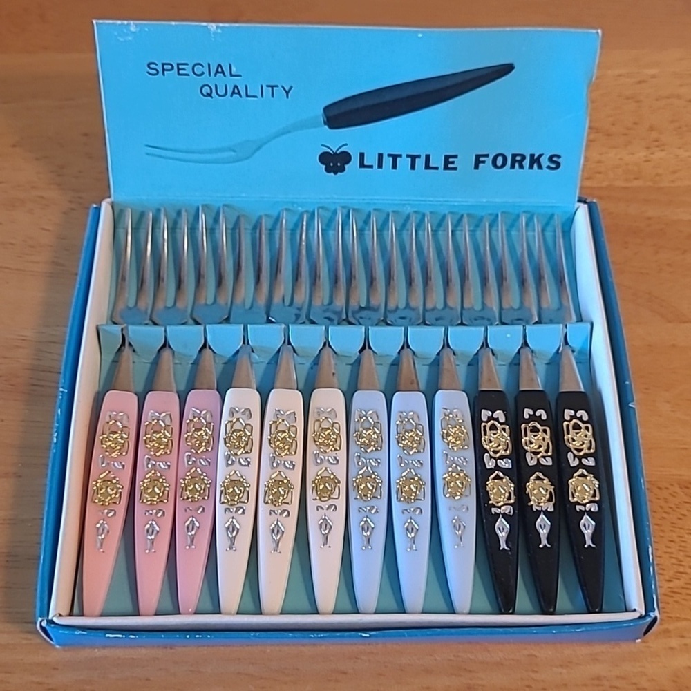 LITTLE FORKS Vintage Mid Century Floral Cocktail Forks, Set of 12, Original Box